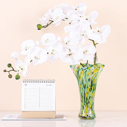 9.0"H Green Glass Vases for Flowers, Unique Hand Blown Glass Vase Green Gold Home Decor, Wide Mouth Colorful Flower Vase Centerpieces, For Living Room Table Bookshelf, Bathroom Office Shelf Decorative