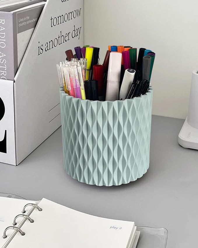 Rotating Pen Holder for Desk, 5 Slots Unique Blue Desk Pen Organizer Easthetic Desktop Supplies and Accessories for Women Girls, Pencil Cup Caddy for Office Home Art Supply