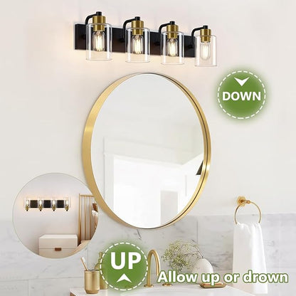 Bathroom Light Fixtures,Matte Black and Gold 4-Light Bathroom Lights with Clear Glass Shade,Modern Wall Sconces Over Mirror for Bathroom
