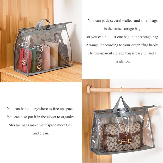 fazhongfa 2PCS Dust Bags for Handbags Clear Purse Storage Organizer Non-Woven Hanging Bag Closet with Zipper and Handle (Medium, Light Grey)