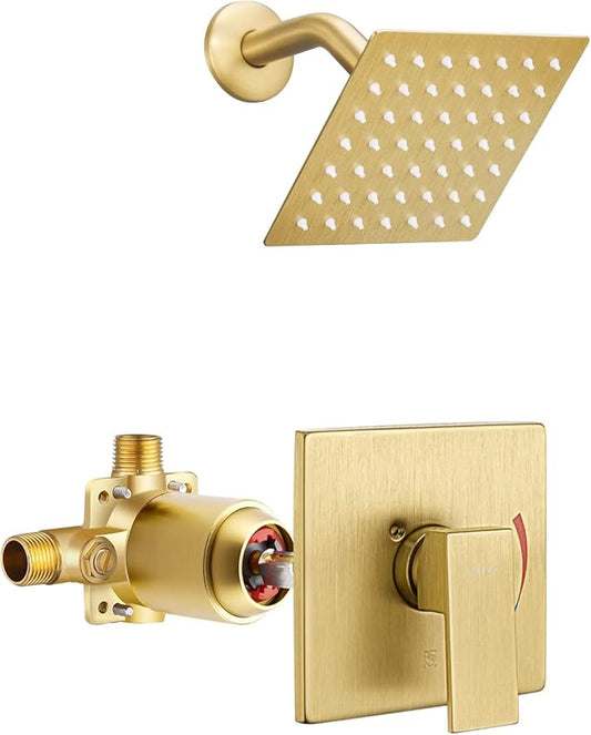 Esnbia Shower Kit, Shower Faucet Set（Valve Included) with 6-Inch Rain Shower Head, Single-Handle Shower Trim Kit, Brushed Gold