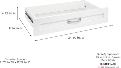 ClosetMaid SuiteSymphony Wood Closet Drawer, Add On Accessory, Shaker Style, For Storage, Closet, Clothes, 25” x 5” Size for 25 in. Units, Pure White