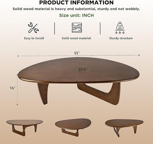Solid Wood Triangle Coffee Table,Unique Mid Century Modern Oval Coffee Table,Irregular Geometric Tea Tables for Home Living Room with Wooden Tabletop and Reinforced Legs Walnut 35" L x 24" W x 16" H
