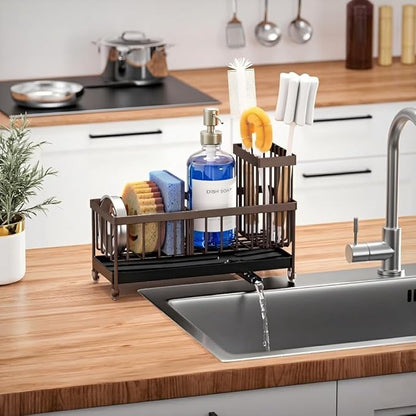 Cisily Brown Sponge Holder for Kitchen Sink, Sink Caddy Organizer with High Brush Holder, Kitchen Countertop Organizers and Storage Essentials, Rustproof 304 Stainless Steel, Soap Dispenser Organize