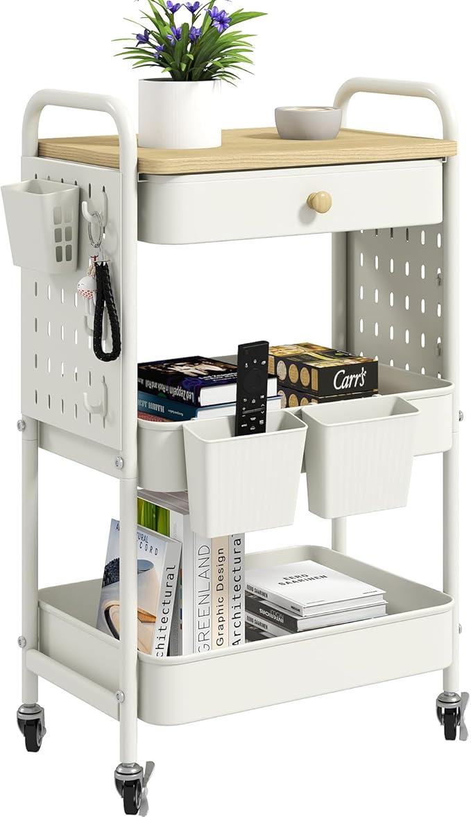 danpinera Rolling Utility Cart with Drawer, 3 Tier Rolling Cart with Wheels, Hooks & Hanging Cups, Craft Cart Art Cart Snack Cart Rolling Storage Cart with Wooden Table Top & DIY Pegboards, White