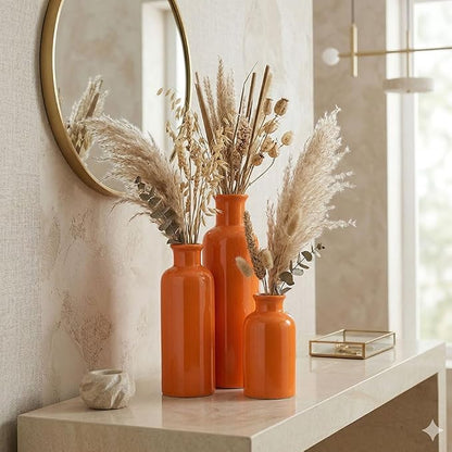 Ceramic Vase Set - 3 Orange Small Vases, Farmhouse Country Flower Vase Home Decor, Living Room Decoration, Table Decoration, Fireplace Decor, and Entrance Decorations Centerpieces