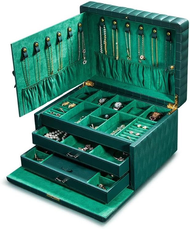 Genuine Leather Jewelry Box – 3 Layer Large Jewelry Organizer with Mirror, Lockable Jewelry Box for Women – Necklace, Ring, Earring Organizer with Drawer - Gifts(Green)