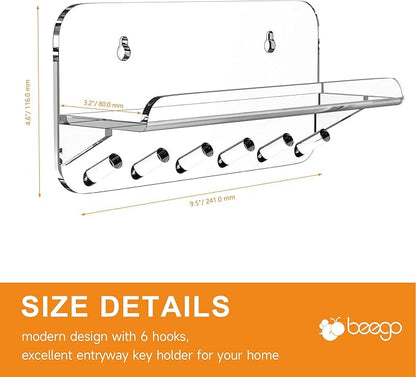 Beego Entryway Key Holder for Wall - Clear Acrylic Key Rack with Shelf Decorative Key Hanger Wall Mount Mail Organizer with 6 Key Hooks for Office Hallway Kitchen Living Room Home Décor