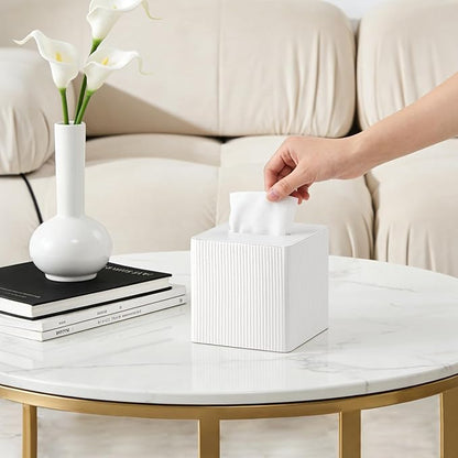 Mkono Tissue Box Cover PU Leather Square Tissue Box Holder with Bottom, Decorative Facial Cube Organizer for Bedroom Bathroom Dresser Vanity Countertop Night Stands Home Office Desk (Ivory)