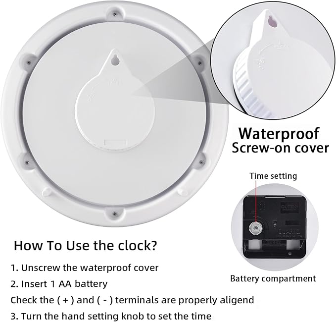 Caysie 10 Inch Sealed Indoor Outdoor Clock Waterproof, Silent Battery Operated Weatherproof Wall Clocks for Pool Patio Outside Home (White)