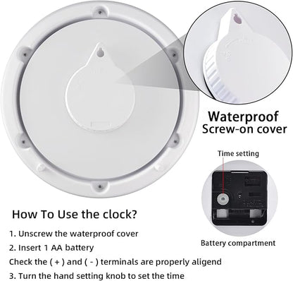 Caysie 10 Inch Sealed Indoor Outdoor Clock Waterproof, Silent Battery Operated Weatherproof Wall Clocks for Pool Patio Outside Home (White)