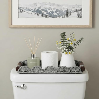CubesLand Bathroom Toilet Paper Tray Organizer, Scalloped Decorative Tray w/Wood Handle for Counter, Shelves, Wicker Tray for Farmhouse Rustic Home Decor, Coffee Table Decor, Seasonal Decor, Grey