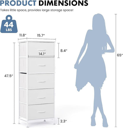 DUMOS Nightstand with 5 Drawers Bedside Table with Removable Fabric Bins Sturdy Steel Frame Wood Top Organizer Furniture for Bedroom Closet Living Room, White