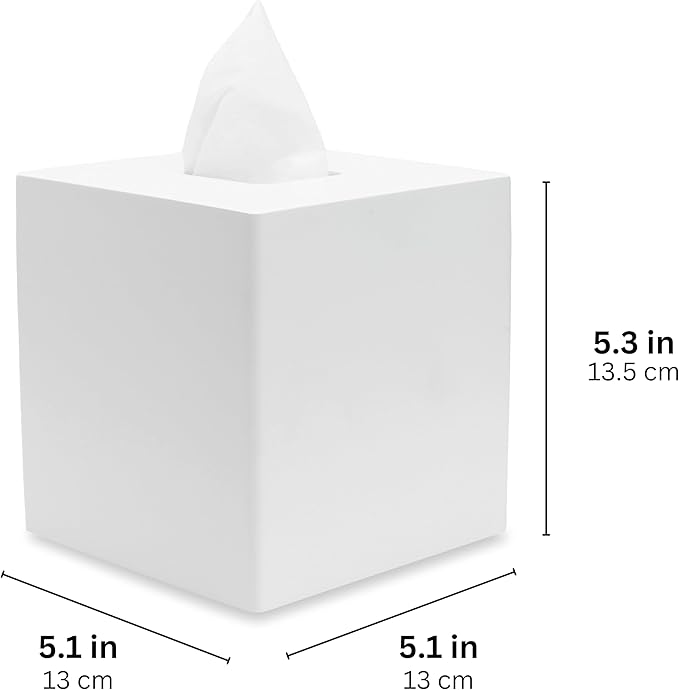 Yew Design Matte White Square Tissue Box Cover, Decorative Tissue Box Dispenser for Bathroom, Parlors, Office, Bedroom Dresser, Vanity Countertop, Nightstand, Car, and Desk