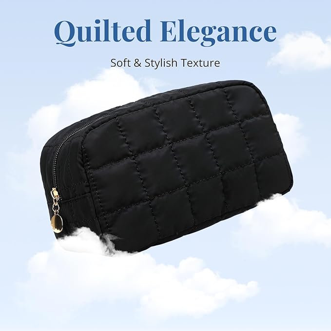 Makeup Bag for Women, Travel Cosmetic Bag Organizer with Compartments, Quilted Puffy Toiletry Pouch for Brushes, Essentials and Accessories, Black