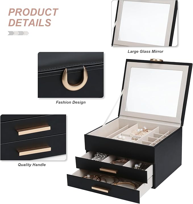 Large Jewelry Organizer Box with Mirror - Features Ring Rolls, Necklace Hooks, Earring Slots, Plush Interior for Luxury Protection Black