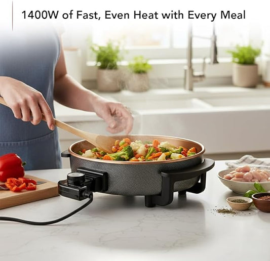 OVENTE 11.5-Inch Electric Skillet & Frying Pan, 1400W Nonstick Cooking Pan with Adjustable Temperature Control, Tempered Glass Lid with Steam Vent, Cool-Touch Handles, Easy-Clean Copper SK11112CO