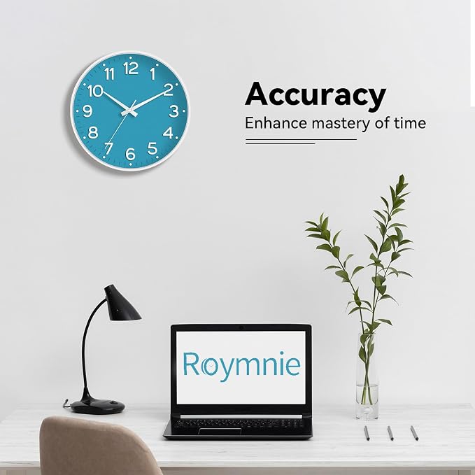 Roymnie Wall Clock, 10 Inch Silent Wall Clocks Battery Operated-Modern Non Ticking Analog Clock Decorative for Kitchen Bedroom Office Bathroom(Blue)