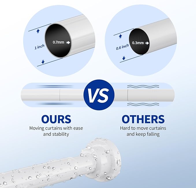 Mcrbeay Shower Curtain Rod, 1" Diameter Heavy Duty Tension Shower Rod, Non Slip Adjustable 28-46 inch No Drilling Shower Curtain Rods Spring Tension For Bathroom, Shower Stall, No Rust, White
