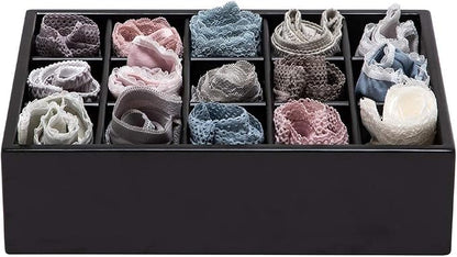 GOBAM Bamboo Closet Drawer Organizer, 15 Compartments - Drawer Divider & Storage Box for Ties, Bras, Briefs, Socks & Jewelry - Storage Organizer for Dressing Room & Bedroom - Black
