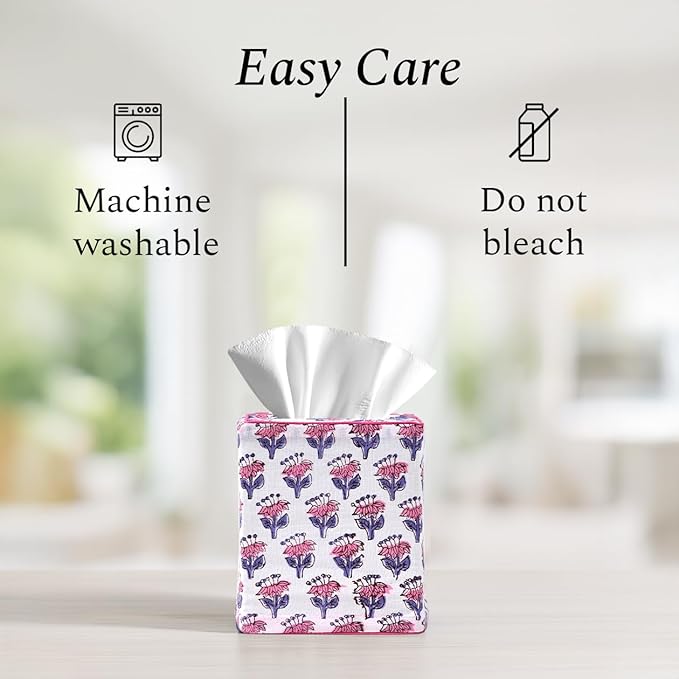CPC Pink Sapphire Hand Block Printed Cotton Tissue Box Cover 5" x 5" x 5.5" Square Soft Reusable Boho Napkin Holder for Home Kitchen Dining Bathroom Office Cafe Spa Summer Thanksgiving
