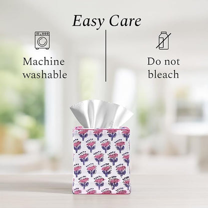 CPC Pink Sapphire Hand Block Printed Cotton Tissue Box Cover 5" x 5" x 5.5" Square Soft Reusable Boho Napkin Holder for Home Kitchen Dining Bathroom Office Cafe Spa Summer Thanksgiving