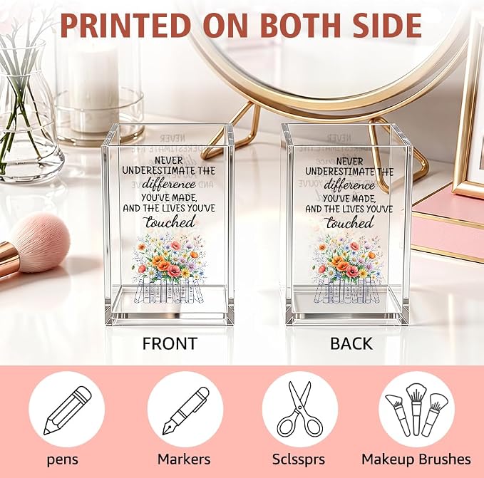 Never Underestimate The Difference You’ve Made Acrylic Pencil Holder Cup, Social Worker Appreciation Gifts for Desk Organizer, Floral Books Mark Holder Gifts for Teacher MSW, Graduation Present