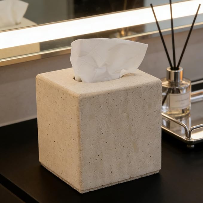 Travertine Tissue Box Cover, Heavy Duty Nature Stone Tissue Box Holder, Decorative Luxurious Travertine Square Toilet Tissue Box for Bathroom, Bedroom, Living Room, Office