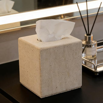 Travertine Tissue Box Cover, Heavy Duty Nature Stone Tissue Box Holder, Decorative Luxurious Travertine Square Toilet Tissue Box for Bathroom, Bedroom, Living Room, Office