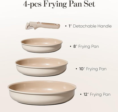 CAROTE 4pcs Ceramic Frying Pans Titanium Non Stick, 8"+10"+12” Frying Pan Egg Pan Omelet Pans with Detachable Handle, Nonstick Cookware, PFOA Free, Induction Compatible & Oven Safe, Dishwasher Safe