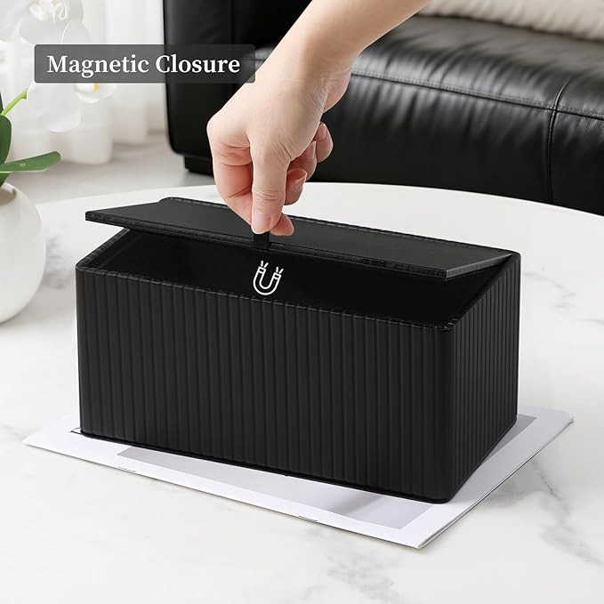 MEIBOOCH PU Leather Tissue Box Cover for 120(3-Ply)/ 160(2-Ply) Count Box of Tissues, Rectangle Tissue Box Holder for Bathroom Bedroom Living Room Office (Black Stripe)