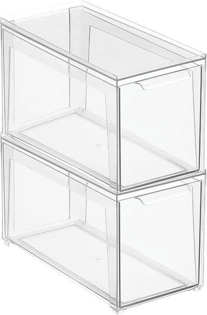 mDesign Plastic Stackable Bathroom Storage Organizer Bin Containers with Front Pull Drawer for Bathroom Countertop, Vanity, Closet Shelves - Holder for Accessories - Lumiere Collection, 2 Pack, Clear