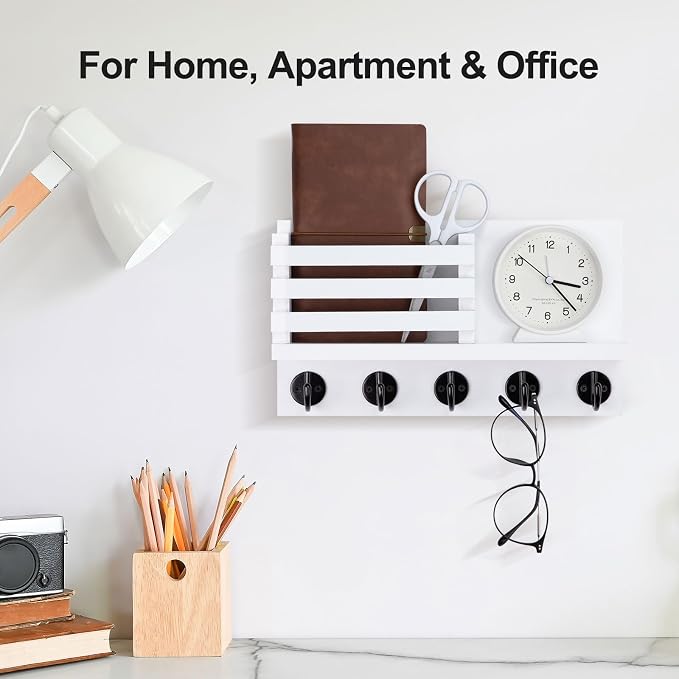 Lwenki Key Holder for Wall – Decorative Wooden Mail Holder and Key Shelf with Mounting Hardware, Installation Guide – Paulownia Wood with Metal Key Hooks (White, Large - 11.8inch)