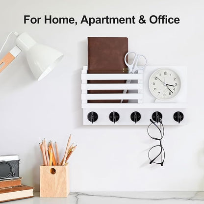 Lwenki Key Holder for Wall – Decorative Wooden Mail Holder and Key Shelf with Mounting Hardware, Installation Guide – Paulownia Wood with Metal Key Hooks (White, Large - 11.8inch)