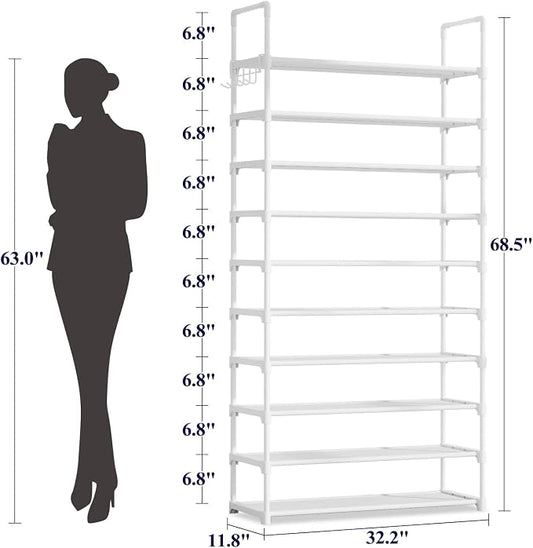 Kitsure Shoe Rack for Closet - 10-Tier Shoe Organizer with Hook Rack, Large-Capacity & Space-Saving Shoe Shelf for Entryway, Bedroom, Living Room,32.2" x 11.8" x 68.5", White