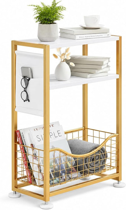 Skinny Side Table with Storage, 3 Tier Slim Side Tables for Small Spaces, Skinny End Table Narrow Bedside Table Narrow Side Table for Living Room, Bedroom