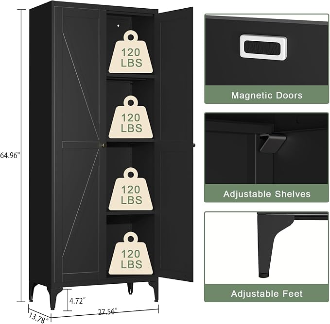 65"Tall Kitchen Pantry Storage Cabinet,Black Metal Storage Cabinets with Doors and Adjustable Shelves,5 Tier Freestanding Kitchen Cupboard for Dining Room Office Bathroom (Black, 65"H x 13"D x 27"W)