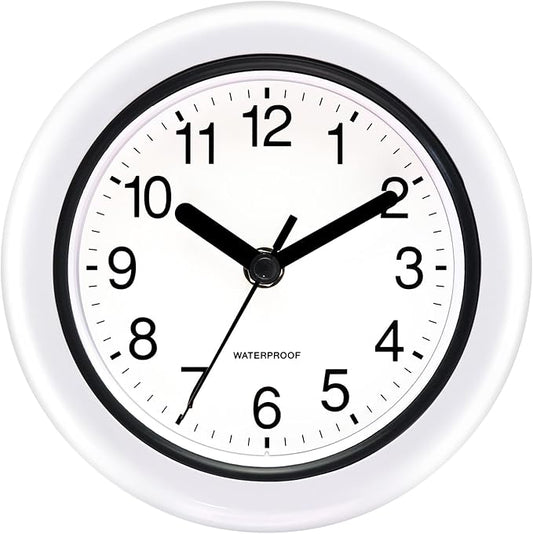 Caysie 6.5 Inch Sealed Small Indoor Outdoor Clock Waterproof, Hanging or Standing Silent Battery Operated Wall Clocks for Pool Patio Bathroom Shower (White)