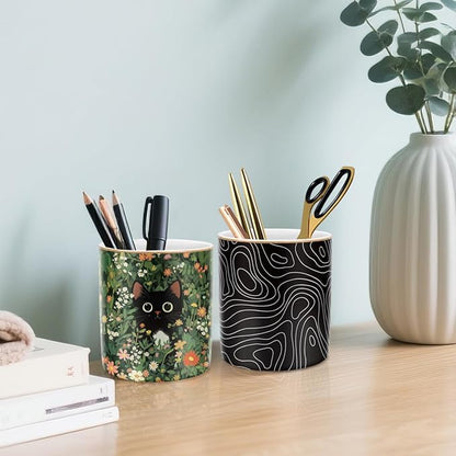 WAVEYU Pen Holder, Pencil Cup for Desk, Cute Makeup Brush Holder, Durable Ceramic Organizer Decor for Room, Office, Classroom, Cute Cat Pattern
