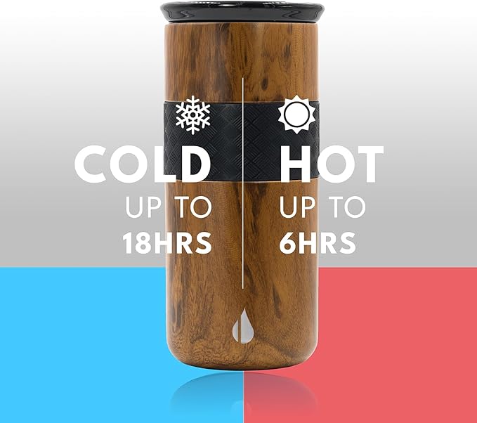 Elemental Artisan Inner Ceramic Coating Tumbler, Triple Wall Coffee Travel Mug, Reusable Stainless Steel Coffee Tumbler with Ceramic Lid for Hot (6 Hrs) & Cold (18 Hrs), 16oz - Teakwood