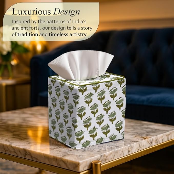 CPC Emerald Green Hand Block Printed Cotton Tissue Box Cover 5" x 5" x 5.5" Square Soft Reusable Boho Napkin Holder for Home Kitchen Dining Bathroom Office Cafe Spa Summer Thanksgiving