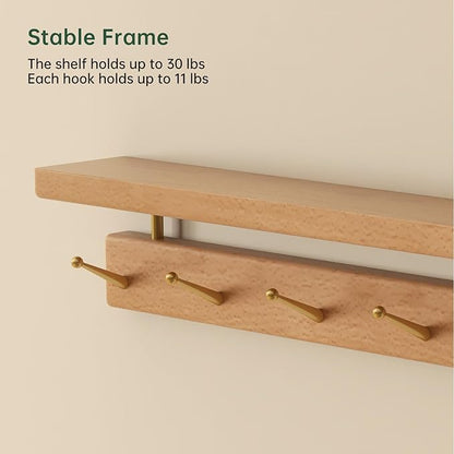 Solid Wood Wall Hooks with Shelf, Coat Rack Wall Mount, Entryway Hanging Shelf with 7 Brass Hooks for Hats, Clothes, Towels, Bags, Beech Wood, Natural
