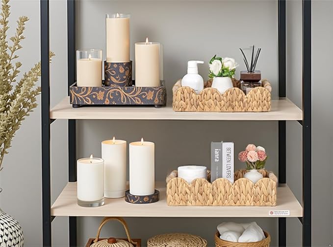 Decorative Toilet Paper Storage Basket, Modern Farmhouse Home Decor Scalloped Basket for Organizing, Pantry Baskets for Shelves, Countertop, Living Room, w/Wood Handles, Natural, 2 Sizes