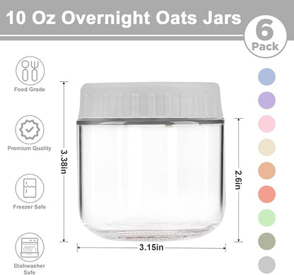 Overnight Oats Containers with Lids, 10oz Wide Mouth Mason Jars with Lids, 6 Pack Glass Jars with Airtight lid for Chia Pudding Yogurt Salad, Meal Prer Oatmeal Jars, Gray