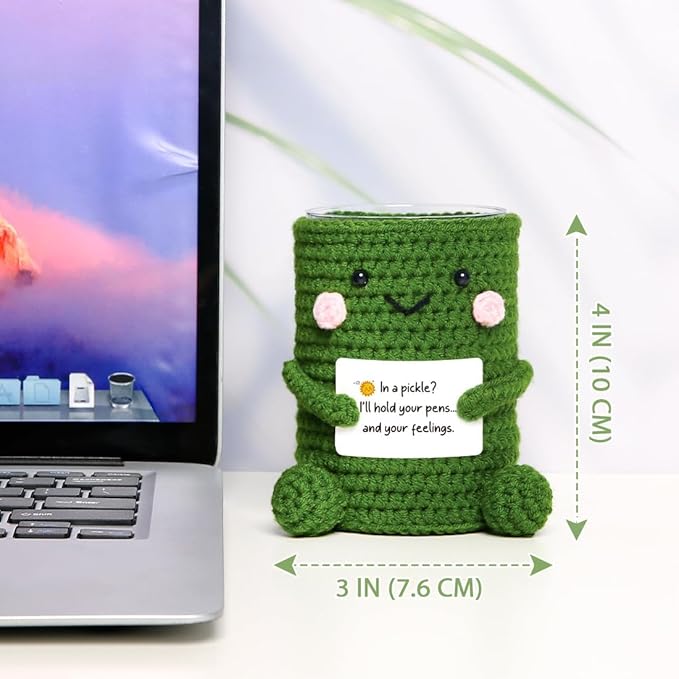 SKYDUE Crocheted Pen & Pencil Holder with Inspirational Card - Handmade Desk Organizer for Office, School, Home - Functional Desk Decor Pen Cup