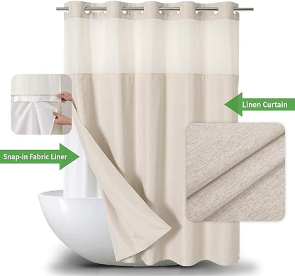 No Hooks Polyester Textured Shower Curtain with Snap-in Fabric Liner Set, Hotel Luxury Decor Shower Curtains for Bathroom with See Through Top Window, Waterproof & Washable, 71Wx74H, Cream