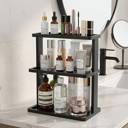 PEKER Bamboo Bathroom Organizer Countertop – Vanity Storage Shelf for Makeup, Perfume, Skincare – Natural Cosmetics Display Rack for Dresser, Sink, Kitchen – Black