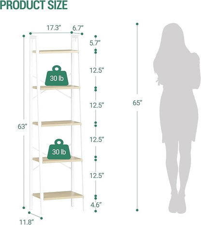 Ladder Shelf, Bookshelf Bookcase, Freestanding Corner Storage Shelve with 2 Hooks for Home Office, Living Room, Kitchen, Bedroom, Industrial, 11.8" D x 17.3" W x 63" H, White Oak and White