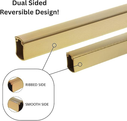 Premium hourglass closet rod - custom cut to size. Hourglass shaped wardrobe tube, protective top cover, seamless and reversible with ribbed and smooth sides. (Matte Brass)