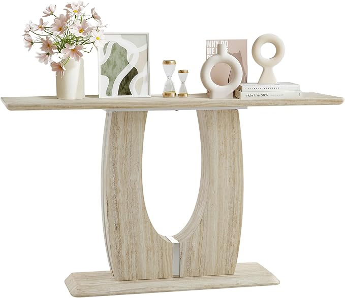 55" Console Table for Entryway, Narrow Sofa Entrance Table with Faux Mars Marble Pattern, Modern Sofa Tables with U-Shaped Base for Living Room, Hallway, Foyer, Home Office, Beige Dark